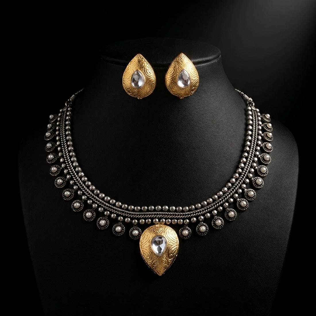 Gold & Silver Color Oxidised Necklace Set with Dual Tone Finish