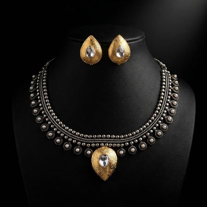 Gold & Silver Color Oxidised Necklace Set with Dual Tone Finish