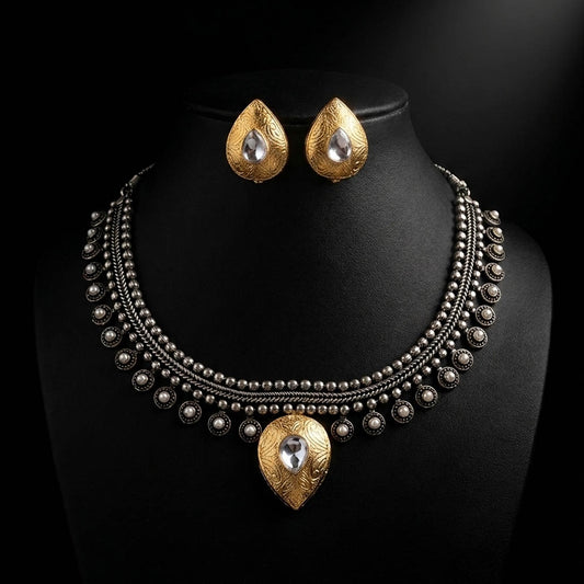 Gold & Silver Color Oxidised Necklace Set with Dual Tone Finish