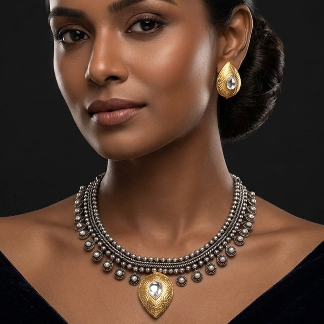 Gold & Silver Color Oxidised Necklace Set with Dual Tone Finish
