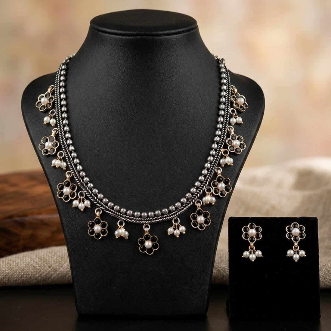 Black Color Oxidised Necklace Set with Premium Dual Tone Finish