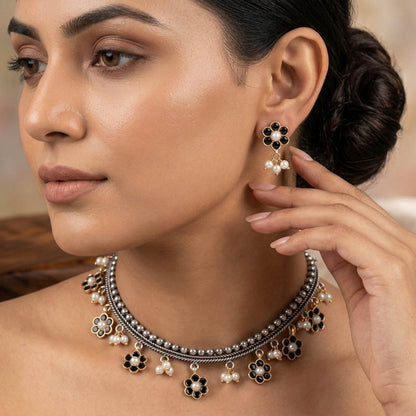 Black Color Oxidised Necklace Set with Premium Dual Tone Finish