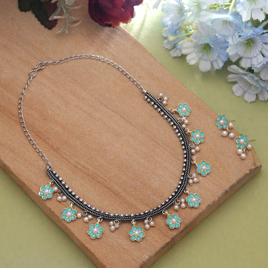 Firozi Color Dual Tone Oxidised Necklace Set With Unique Ethnic Style