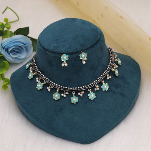Firozi Color Dual Tone Oxidised Necklace Set With Unique Ethnic Style