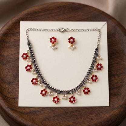 Red Color Oxidised Necklace Set with Intricate Dual Tone Designer Pattern