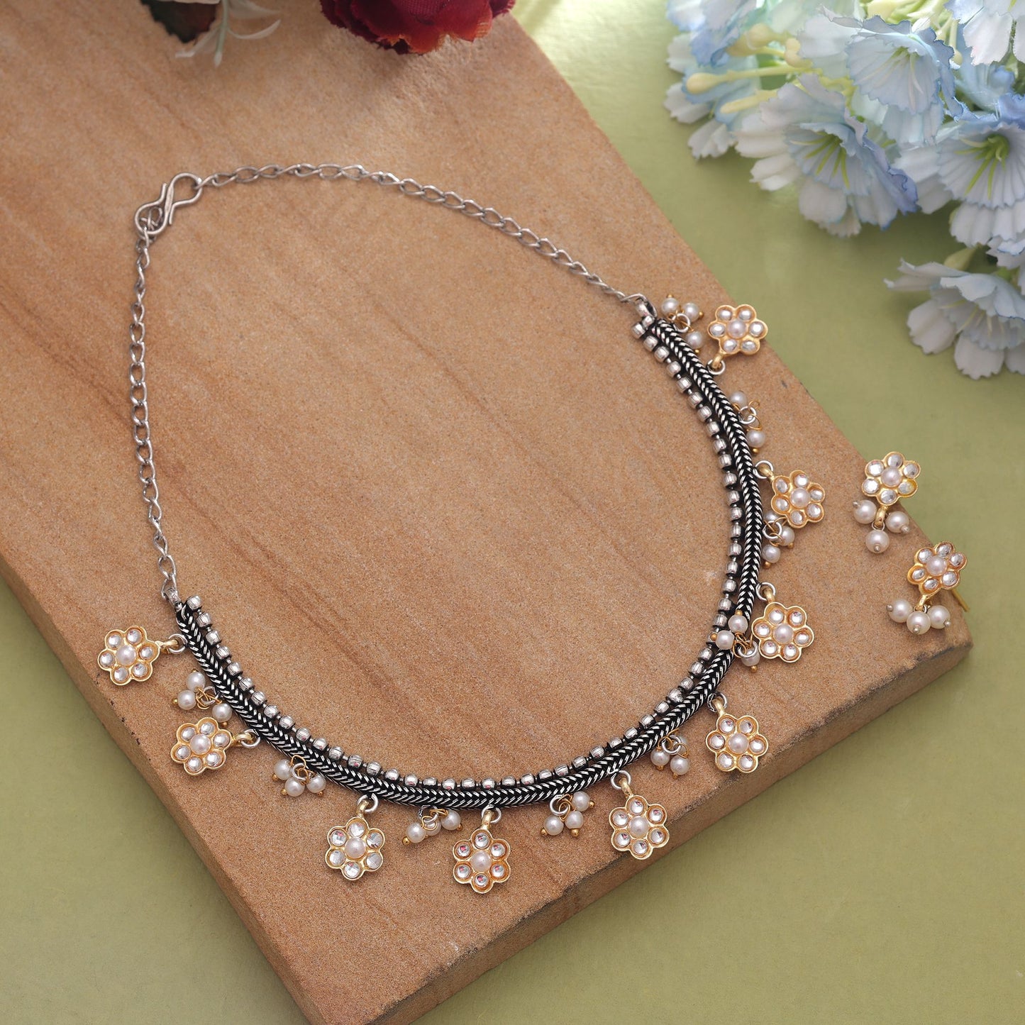 White Color Dual Tone Oxidised Necklace Set For Traditional Occasions