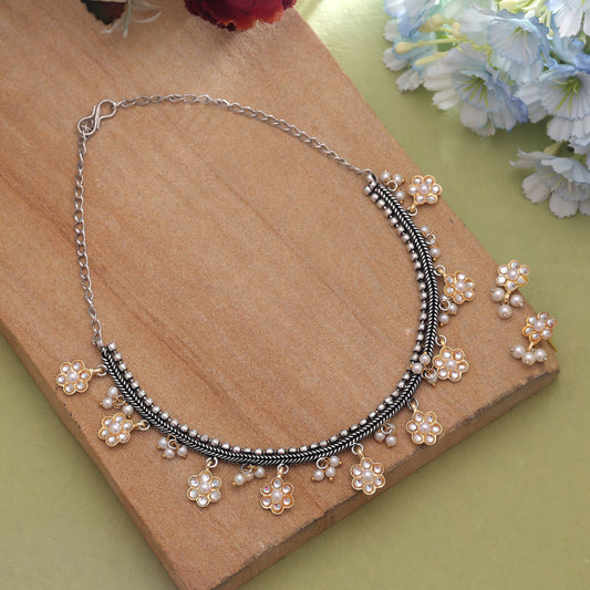White Color Dual Tone Oxidised Necklace Set For Traditional Occasions