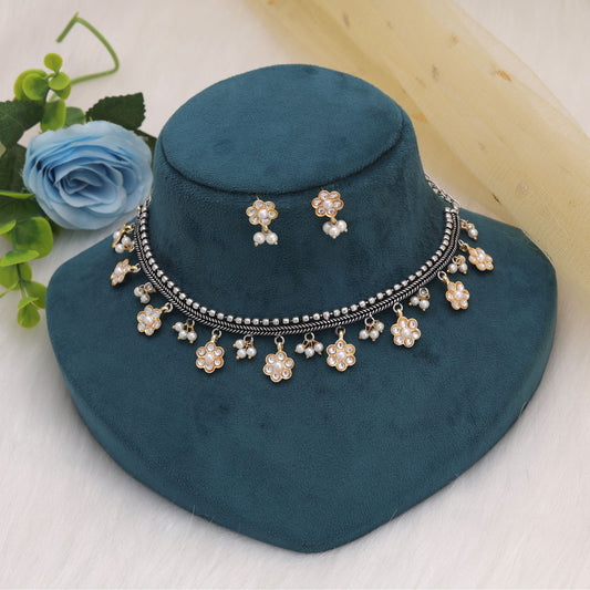 White Color Dual Tone Oxidised Necklace Set For Traditional Occasions