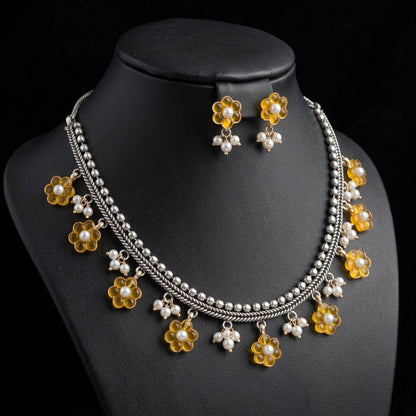 Yellow Color Oxidised Necklace Set with Dual Tone Festive Appeal