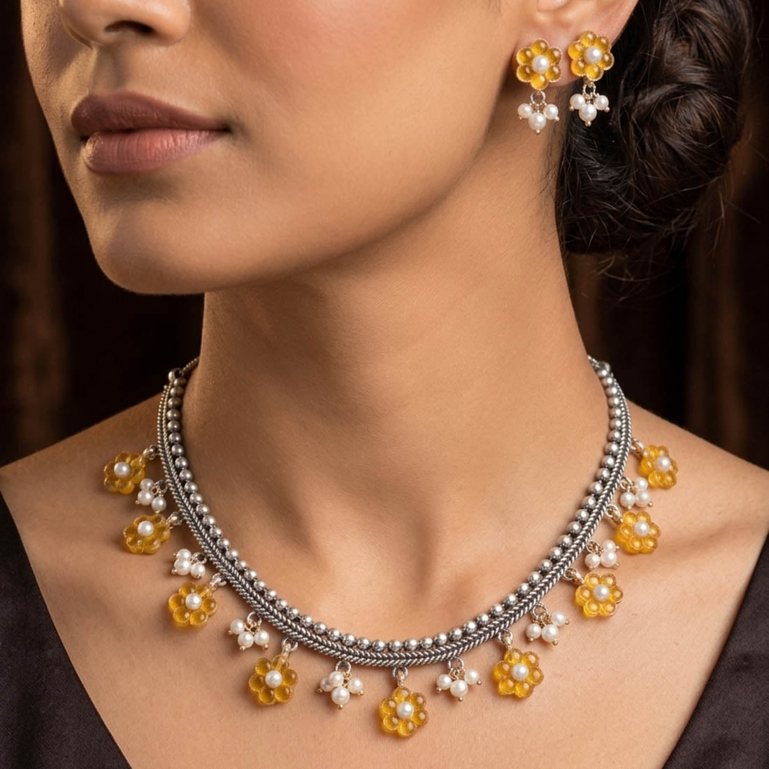 Yellow Color Oxidised Necklace Set with Dual Tone Festive Appeal