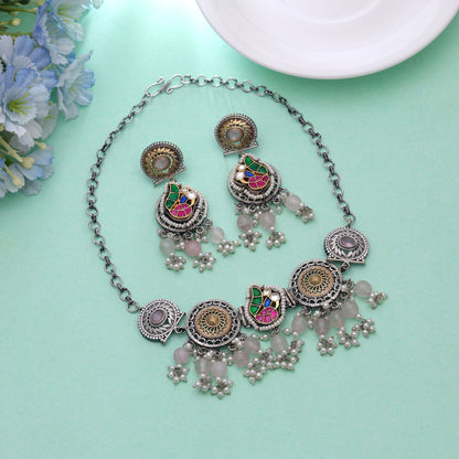 Light Pink Color Choker Dual Tone Oxidised Necklace Set With Elegant Oxidised Earrings
