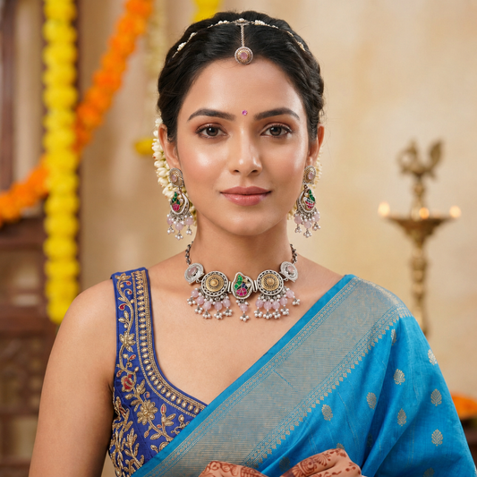 Light Pink Color Choker Dual Tone Oxidised Necklace Set With Elegant Oxidised Earrings