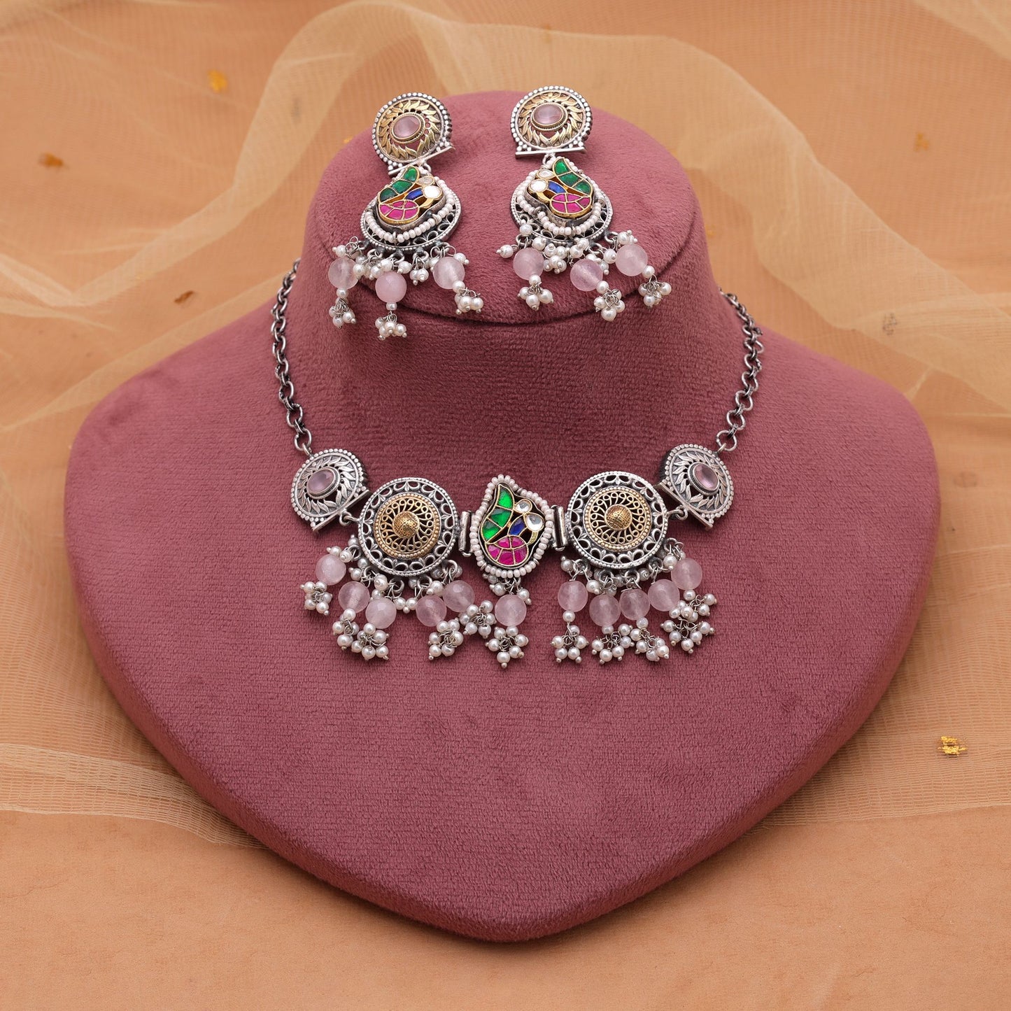 Light Pink Color Choker Dual Tone Oxidised Necklace Set With Elegant Oxidised Earrings