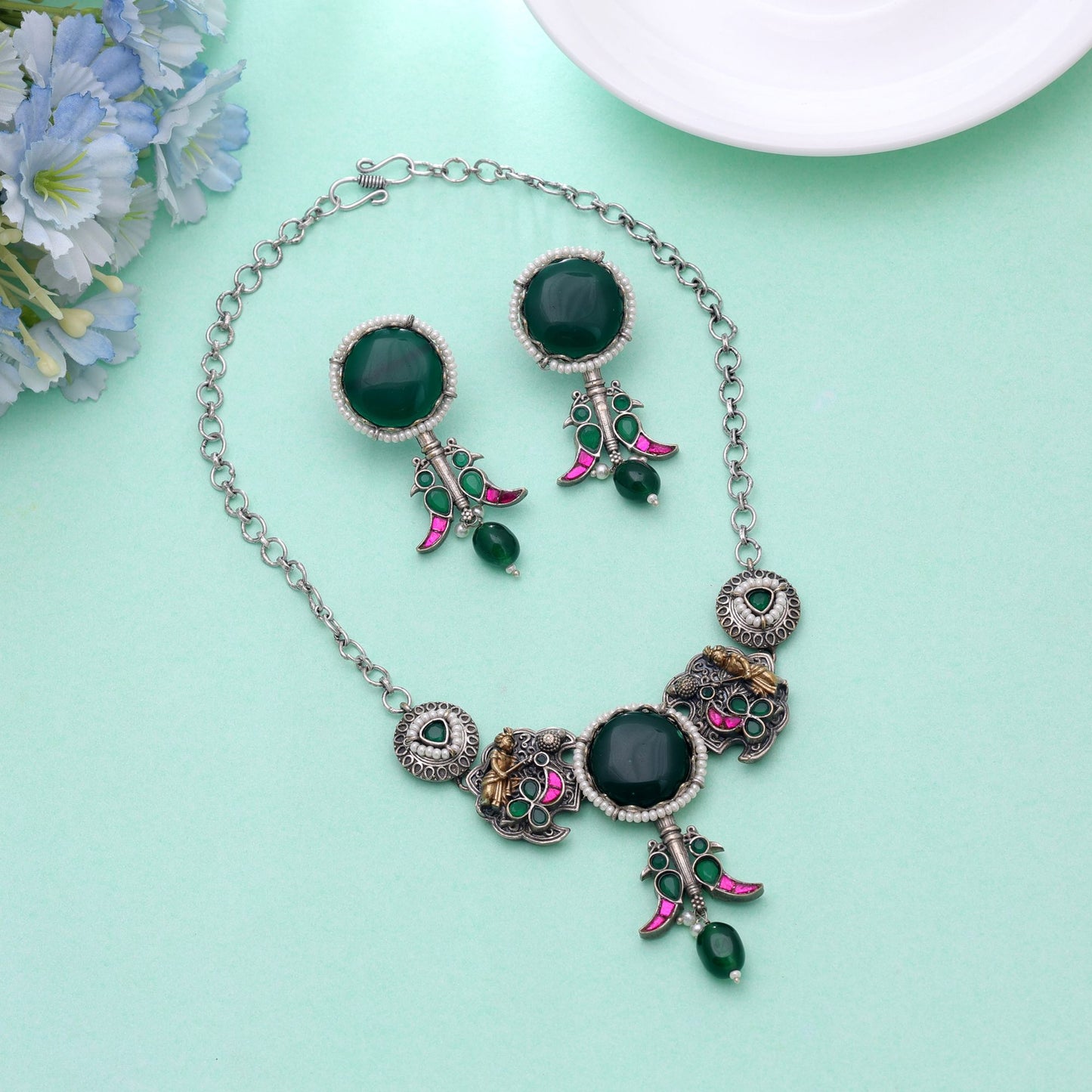 Green Color Choker Dual Tone Oxidised Necklace Set With Designer Oxidised Earrings