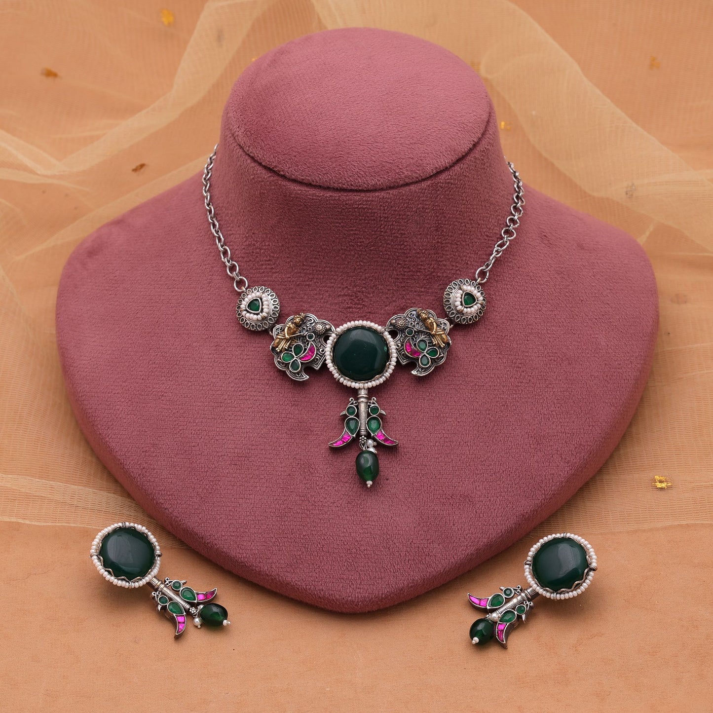 Green Color Choker Dual Tone Oxidised Necklace Set With Designer Oxidised Earrings