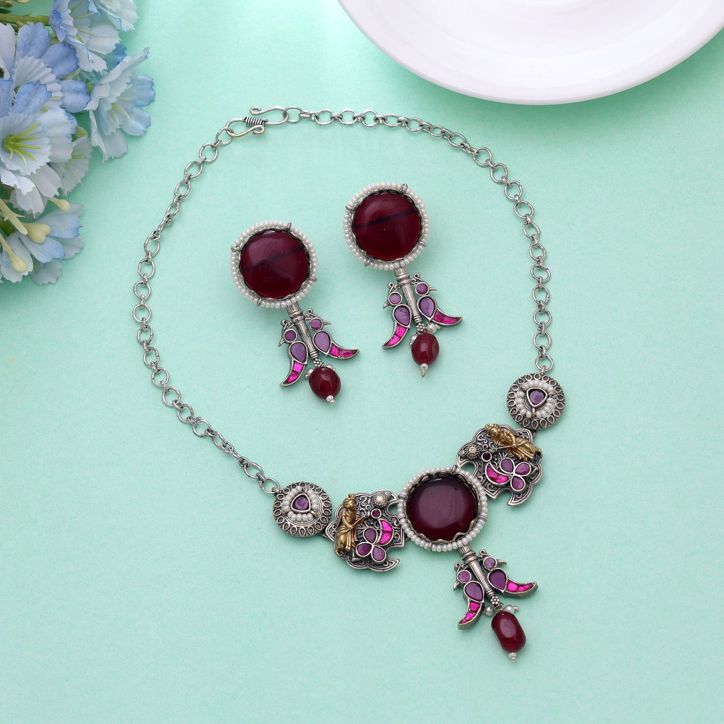 Maroon Color Choker Dual Tone Oxidised Necklace Set With Traditional Oxidised Earrings
