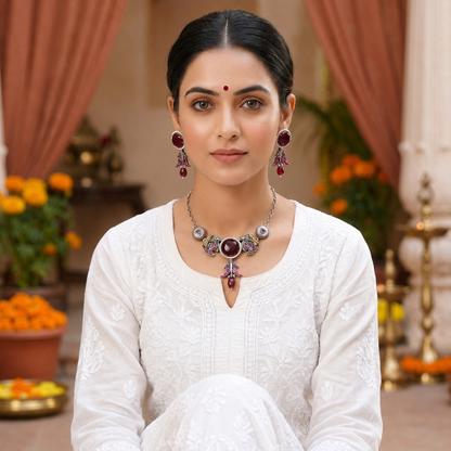 Maroon Color Choker Dual Tone Oxidised Necklace Set With Traditional Oxidised Earrings