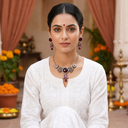 Maroon Color Choker Dual Tone Oxidised Necklace Set With Traditional Oxidised Earrings