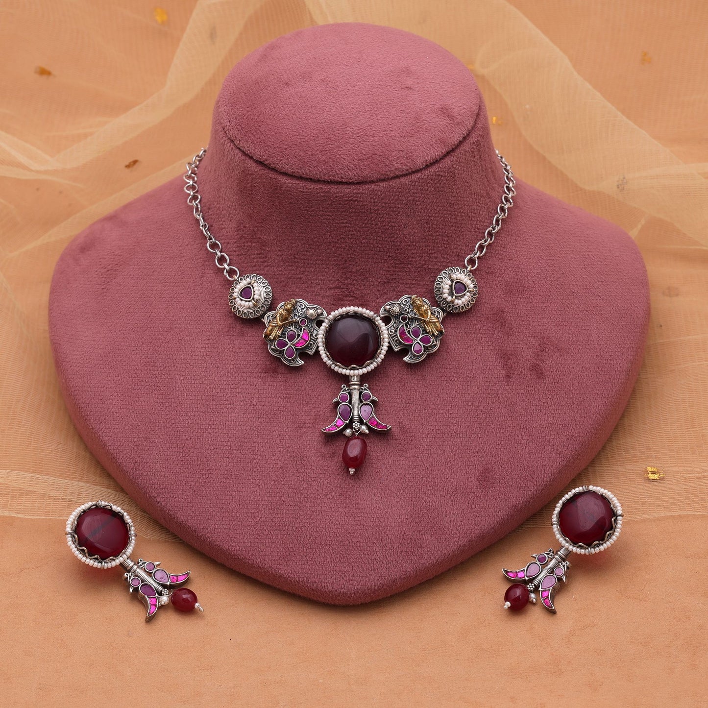 Maroon Color Choker Dual Tone Oxidised Necklace Set With Traditional Oxidised Earrings