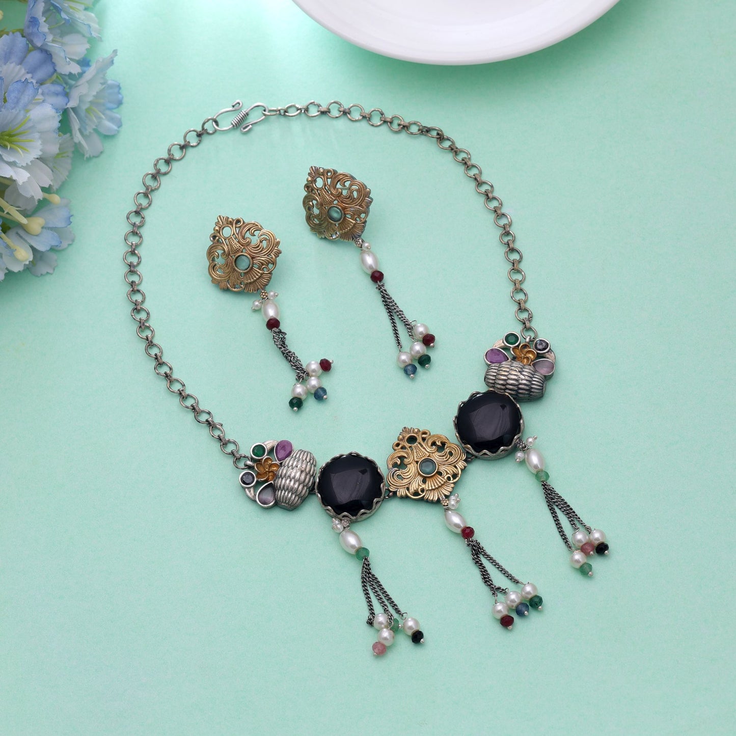 Black Color Choker Dual Tone Oxidised Necklace Set For Stylish Festive Wear