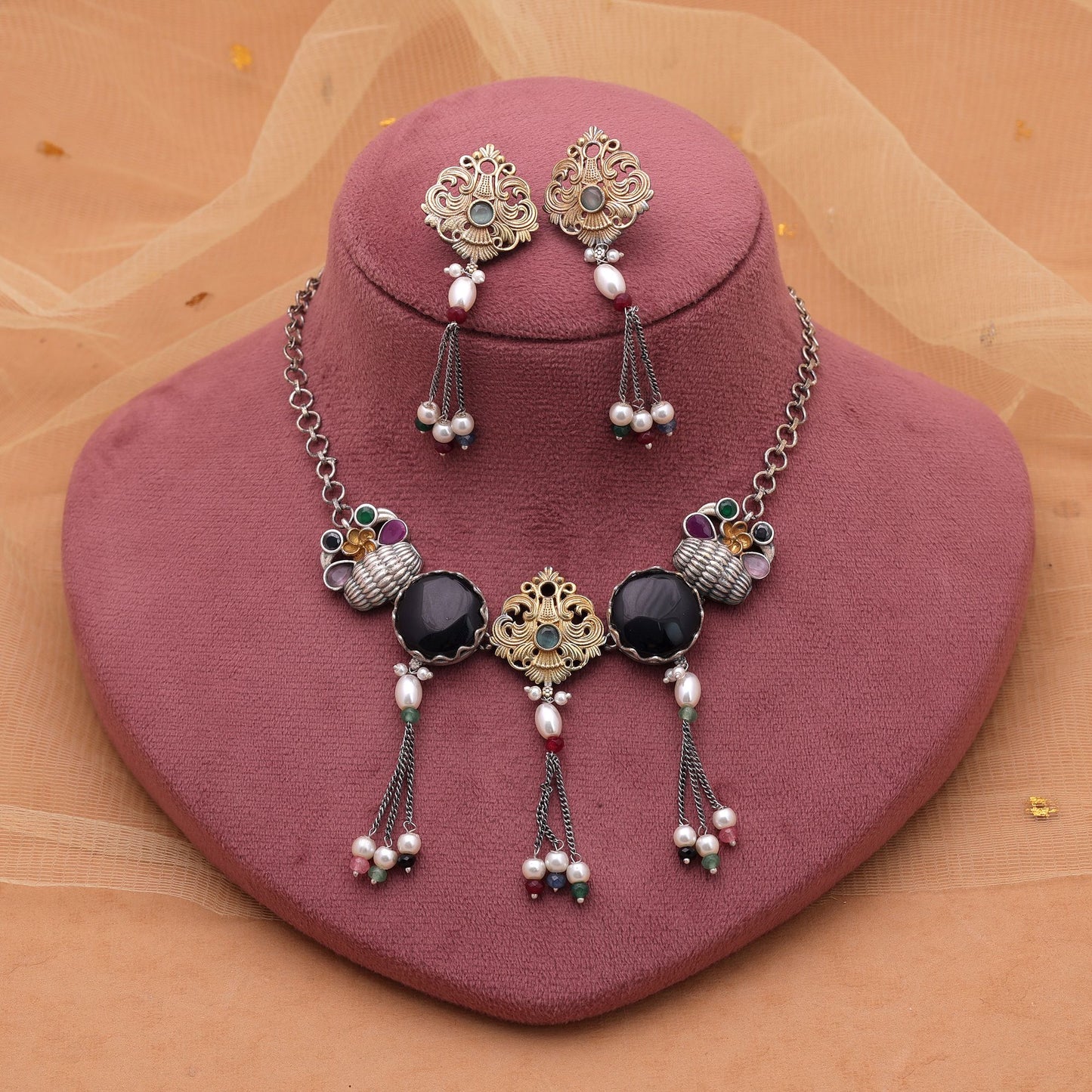Black Color Choker Dual Tone Oxidised Necklace Set For Stylish Festive Wear