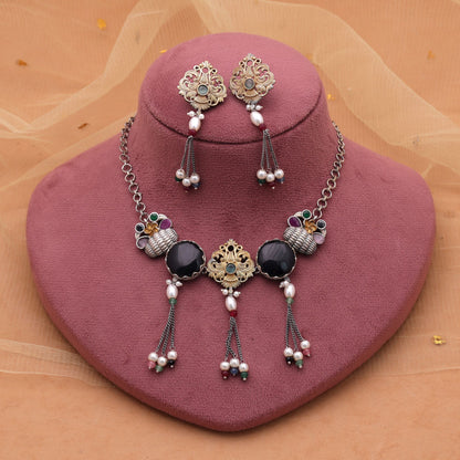 Black Color Choker Dual Tone Oxidised Necklace Set For Stylish Festive Wear