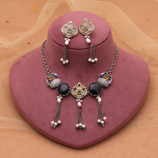 Black Color Choker Dual Tone Oxidised Necklace Set For Stylish Festive Wear