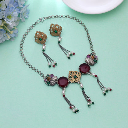 Maroon Color Choker Dual Tone Oxidised Necklace Set With Ethnic Oxidised Earrings