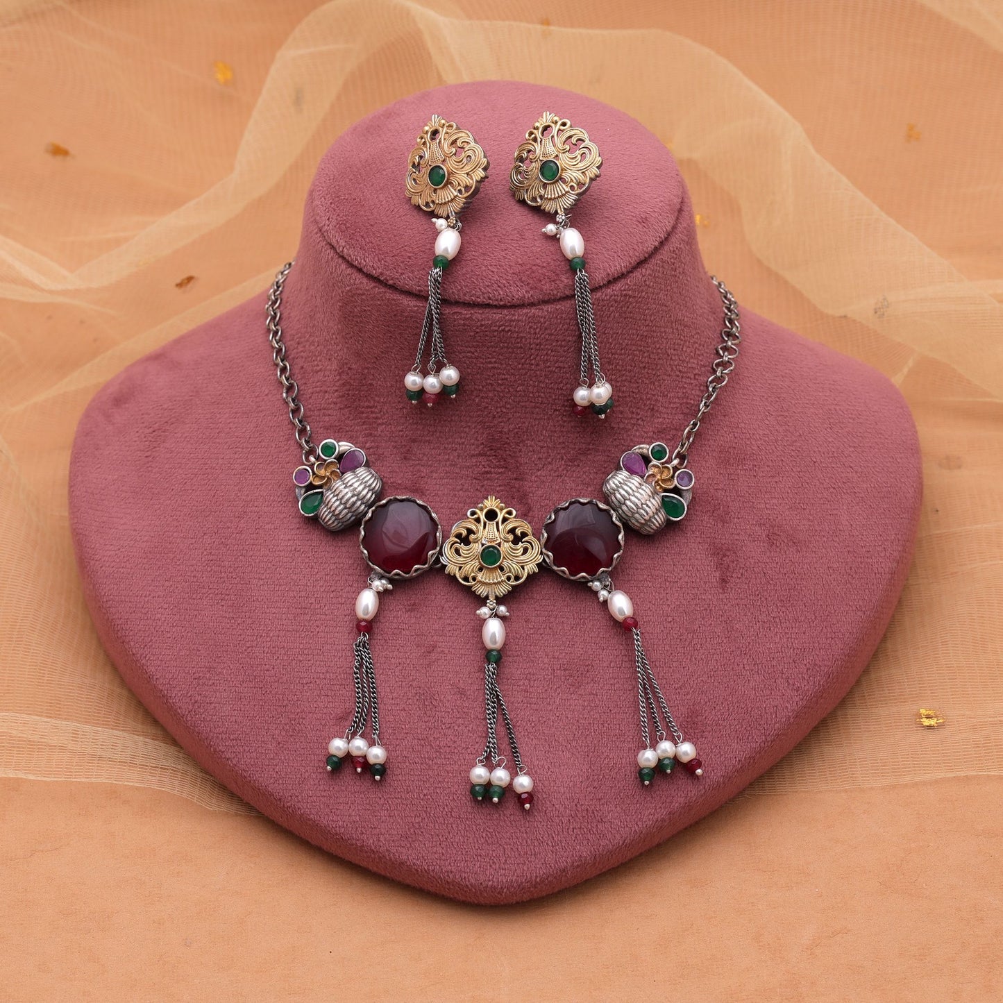 Maroon Color Choker Dual Tone Oxidised Necklace Set With Ethnic Oxidised Earrings