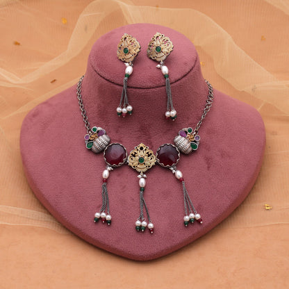 Maroon Color Choker Dual Tone Oxidised Necklace Set With Ethnic Oxidised Earrings