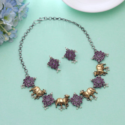 Rani Color Dual Tone Oxidised Necklace Set With Beautiful Oxidised Earrings Pair