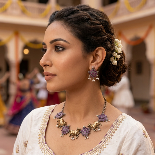 Rani Color Dual Tone Oxidised Necklace Set With Beautiful Oxidised Earrings Pair