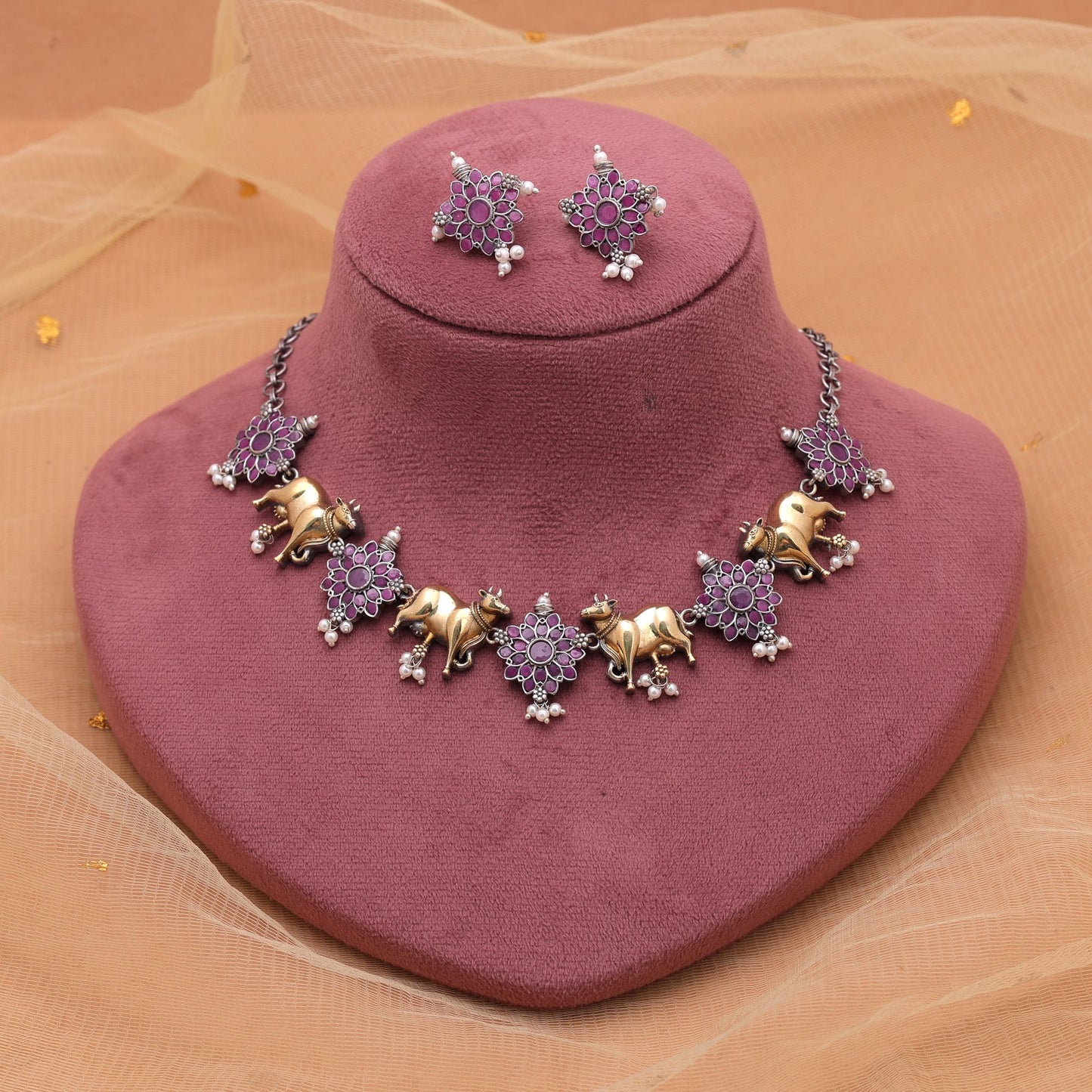 Rani Color Dual Tone Oxidised Necklace Set With Beautiful Oxidised Earrings Pair