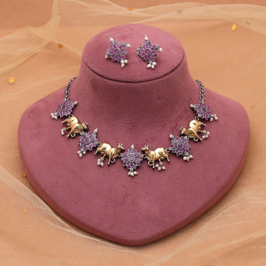 Rani Color Dual Tone Oxidised Necklace Set With Beautiful Oxidised Earrings Pair