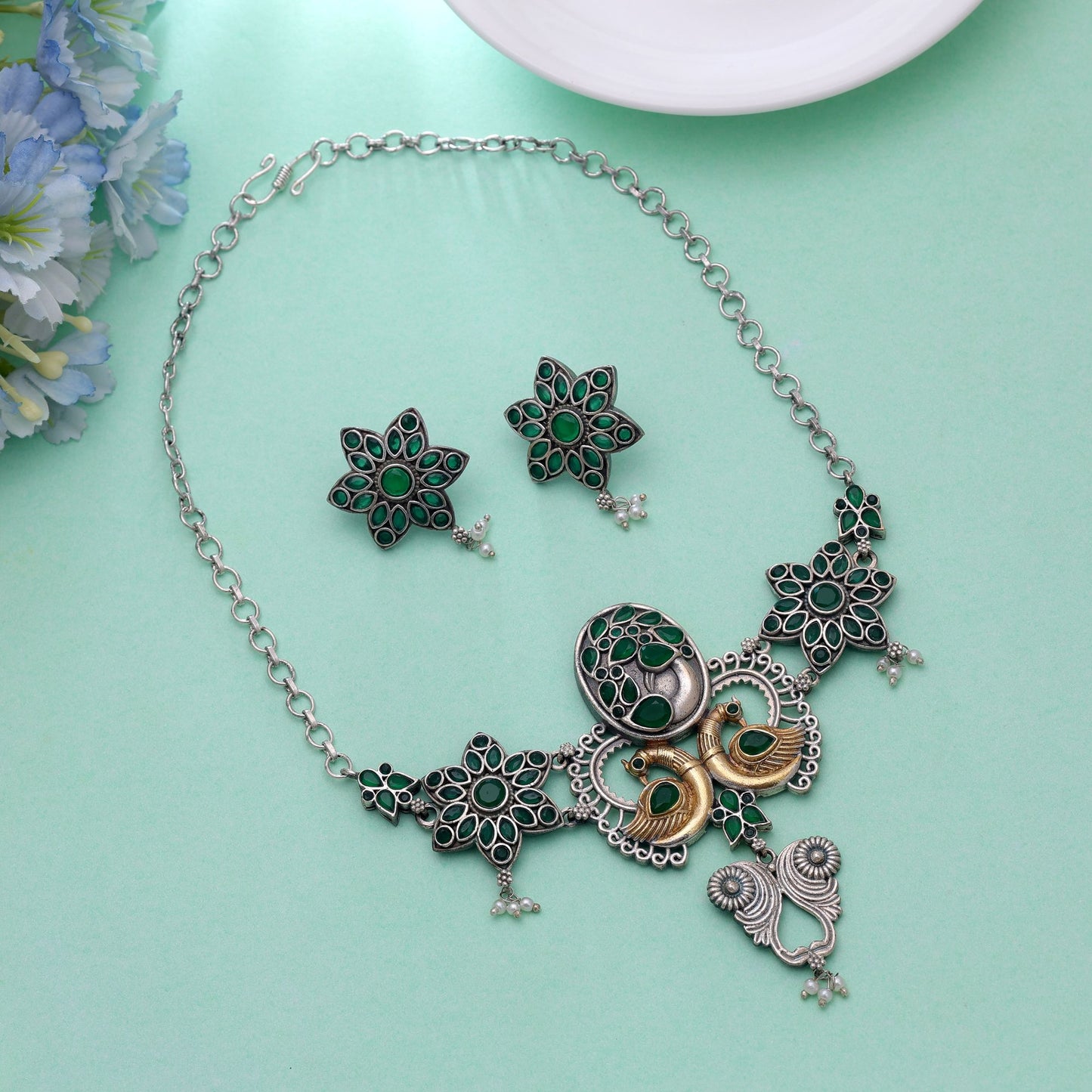 Green Color Choker Dual Tone Oxidised Necklace Set For Women And Girls