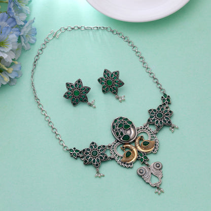 Green Color Choker Dual Tone Oxidised Necklace Set For Women And Girls