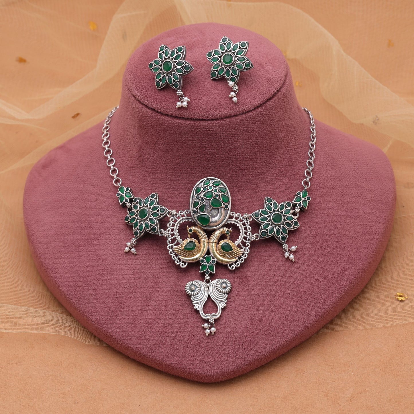 Green Color Choker Dual Tone Oxidised Necklace Set For Women And Girls