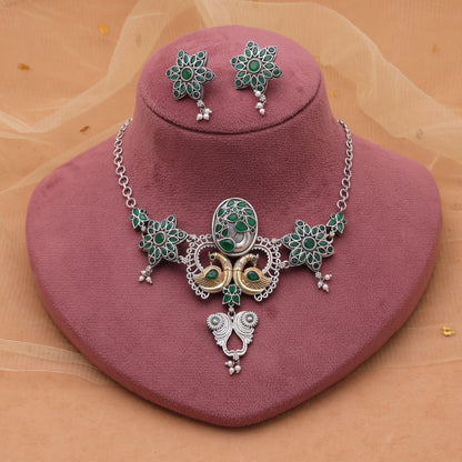 Green Color Choker Dual Tone Oxidised Necklace Set For Women And Girls