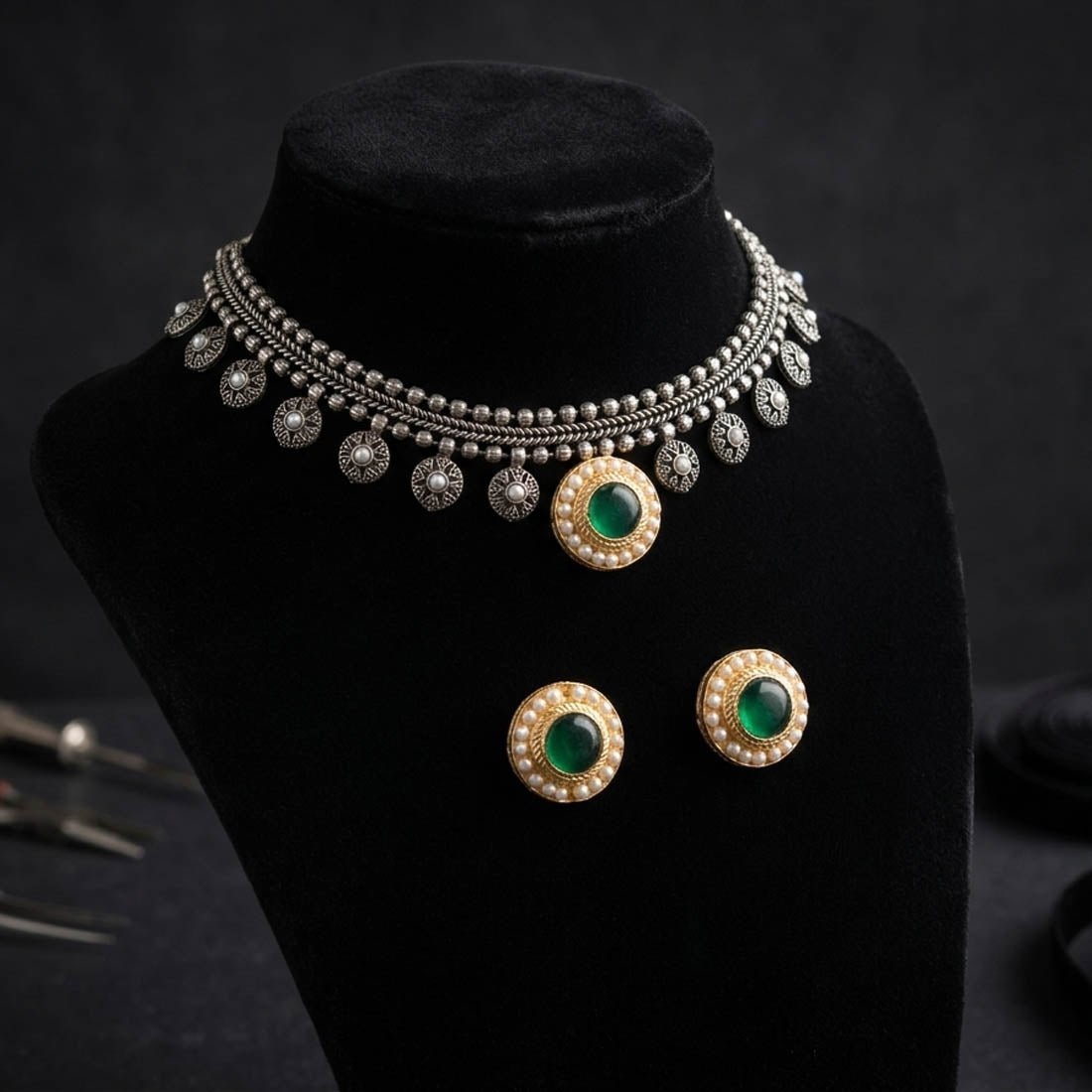 Green Color Oxidised Necklace Set with Traditional Dual Tone Beauty