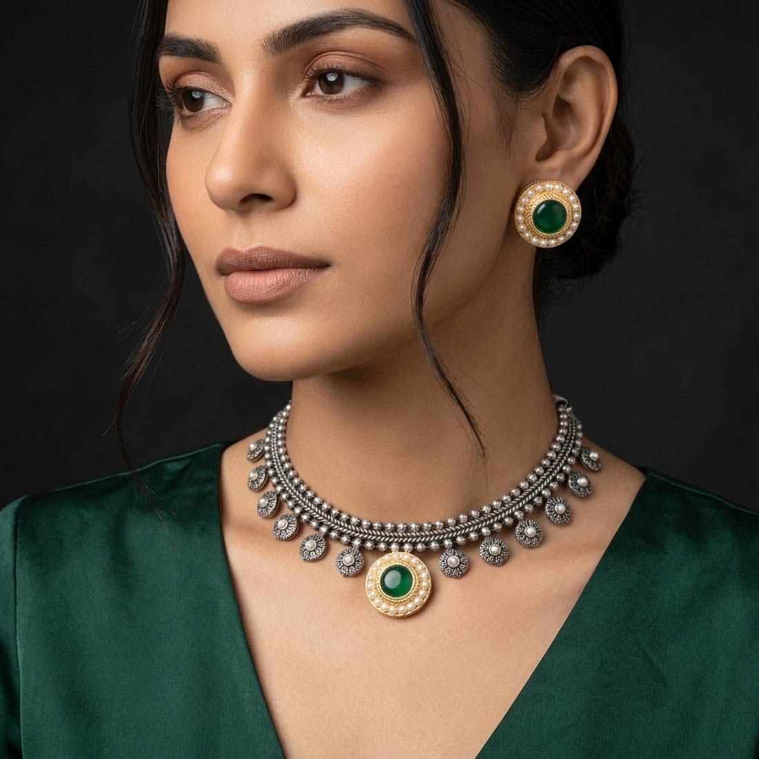 Green Color Oxidised Necklace Set with Traditional Dual Tone Beauty