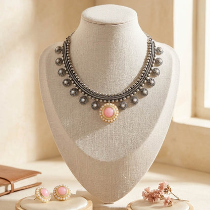 Light Pink Color Oxidised Necklace Set with Elegant Dual Tone Styling