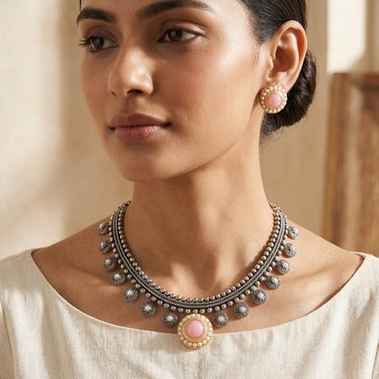 Light Pink Color Oxidised Necklace Set with Elegant Dual Tone Styling