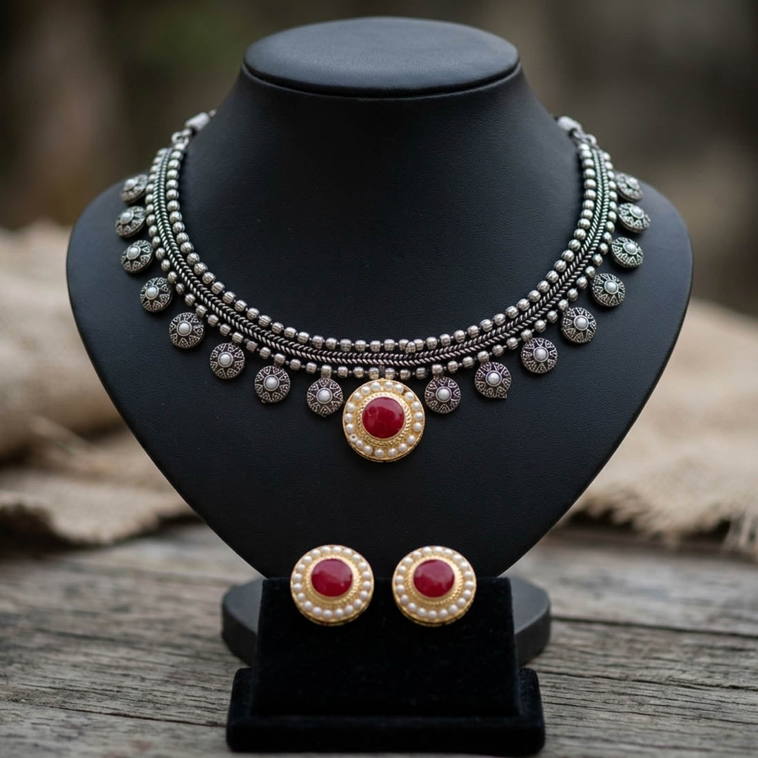 Red Color Oxidised Necklace Set with Eye Catching Dual Tone Design