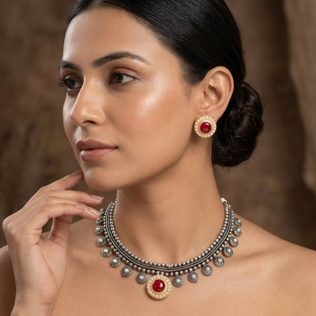 Red Color Oxidised Necklace Set with Eye Catching Dual Tone Design