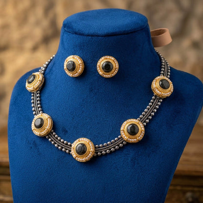 Black Color Oxidised Necklace Set with Designer Dual Tone Elegance