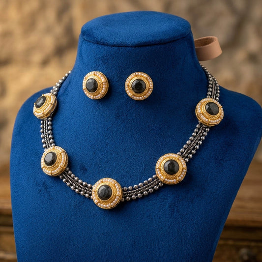 Black Color Oxidised Necklace Set with Designer Dual Tone Elegance