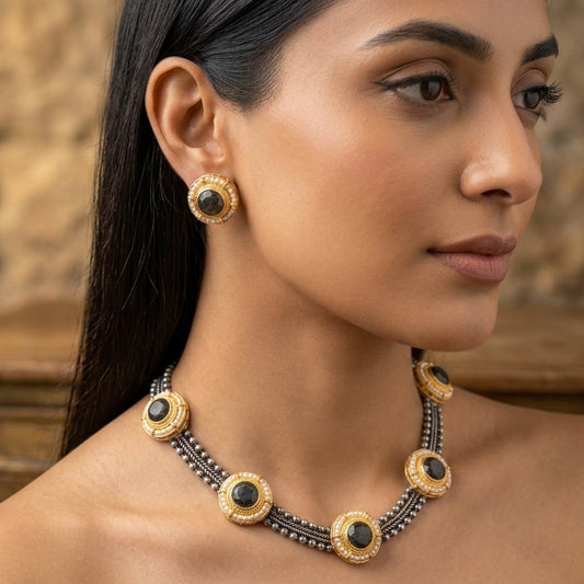 Black Color Oxidised Necklace Set with Designer Dual Tone Elegance