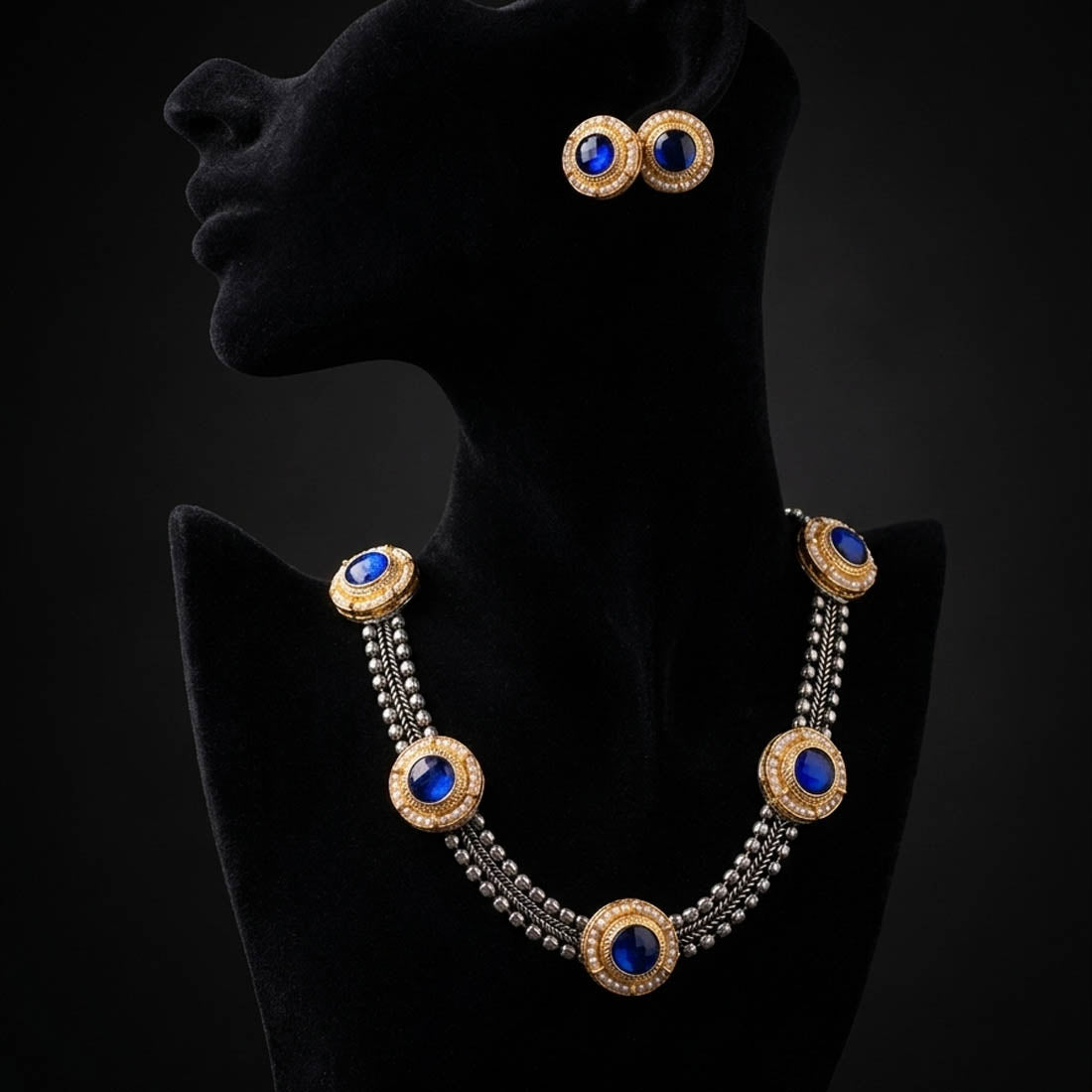 Blue Color Oxidised Necklace Set with Ethnic Dual Tone Detailing