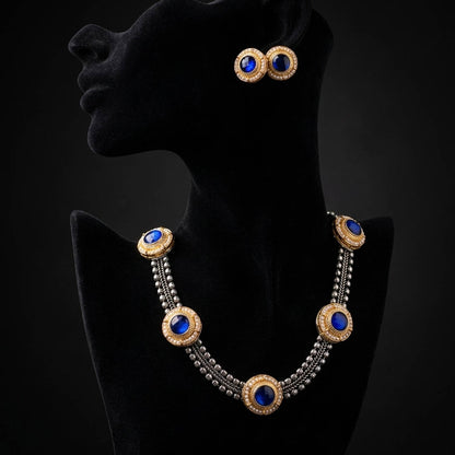 Blue Color Oxidised Necklace Set with Ethnic Dual Tone Detailing