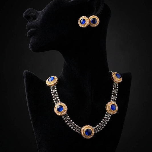 Blue Color Oxidised Necklace Set with Ethnic Dual Tone Detailing